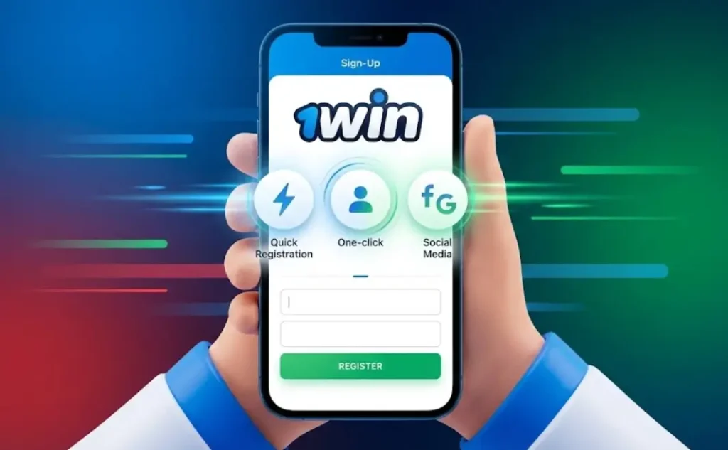 1win platformasında sürətli qeydiyyat və sosial şəbəkə ilə giriş bölməsi.